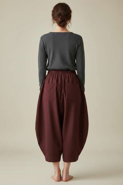 Pantalon Japonais Harem Bordeaux Coton Ample Décontracté - vue 2