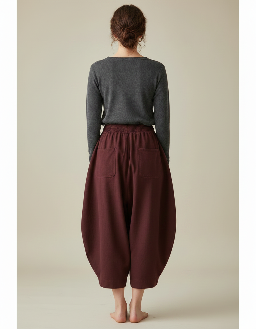 Pantalon Japonais Harem Bordeaux Coton Ample Décontracté - vue 2