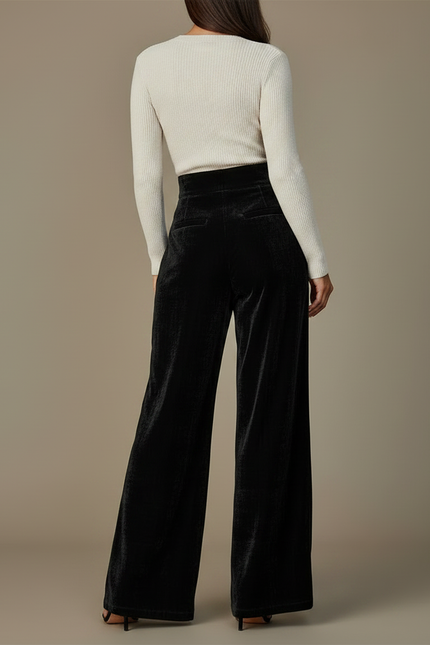 Pantalon Japonais Velours Noir Ample Taille Haute Évasé - vue 2