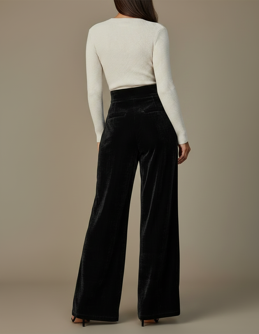 Pantalon Japonais Velours Noir Ample Taille Haute Évasé - vue 2