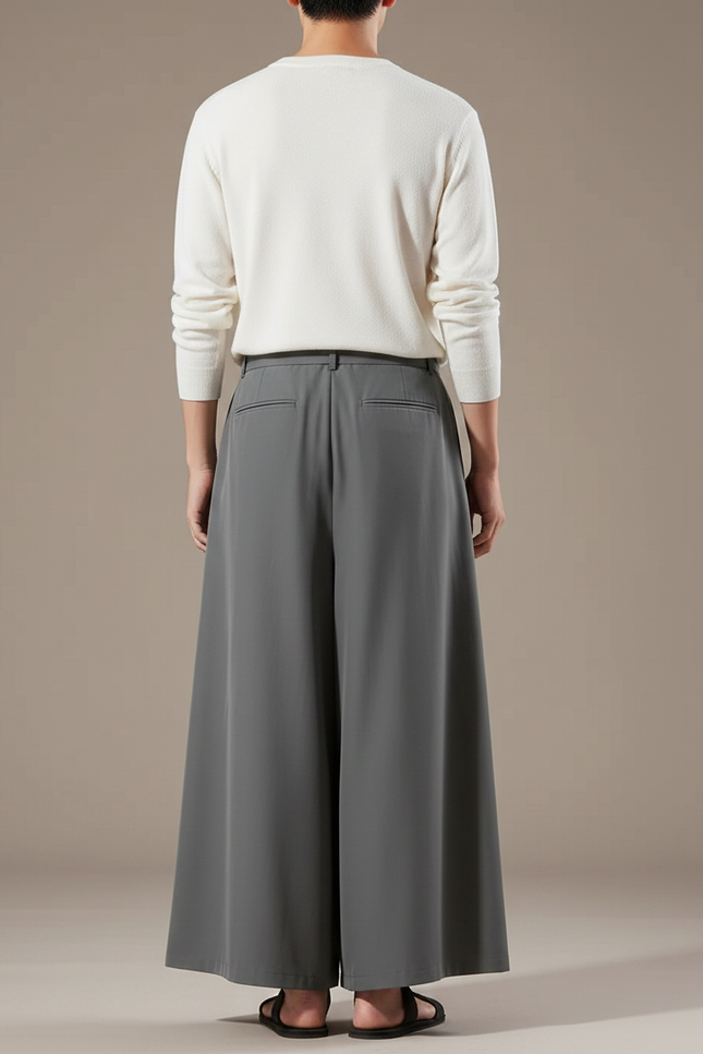 Pantalon Japonais Gris Ample Fluide Ceinturé Moderne - Polyester - vue 2