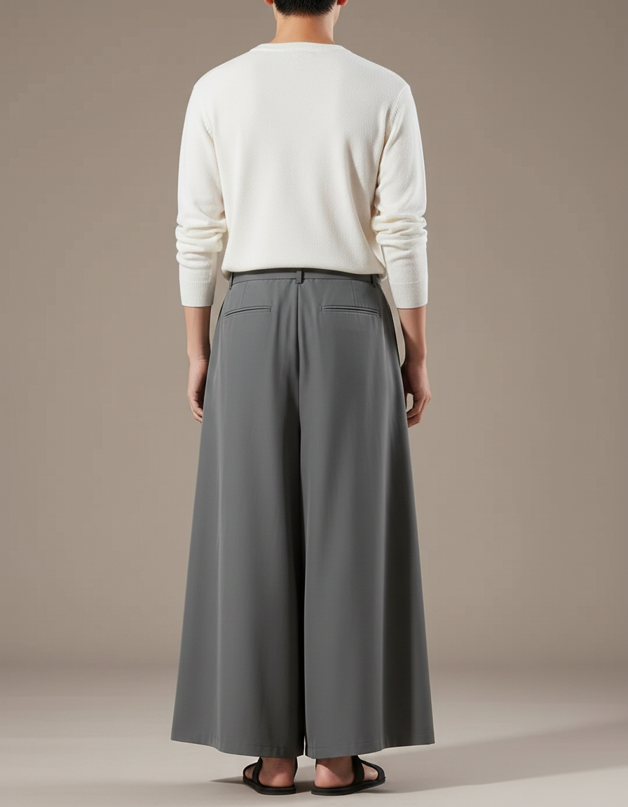 Pantalon Japonais Gris Ample Fluide Ceinturé Moderne - Polyester - vue 2