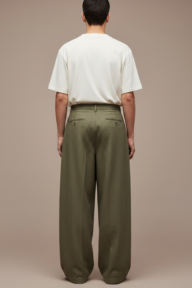 Pantalon Japonais Vert Kaki Ample Plissé Coton Homme - Gabardine - vue 2