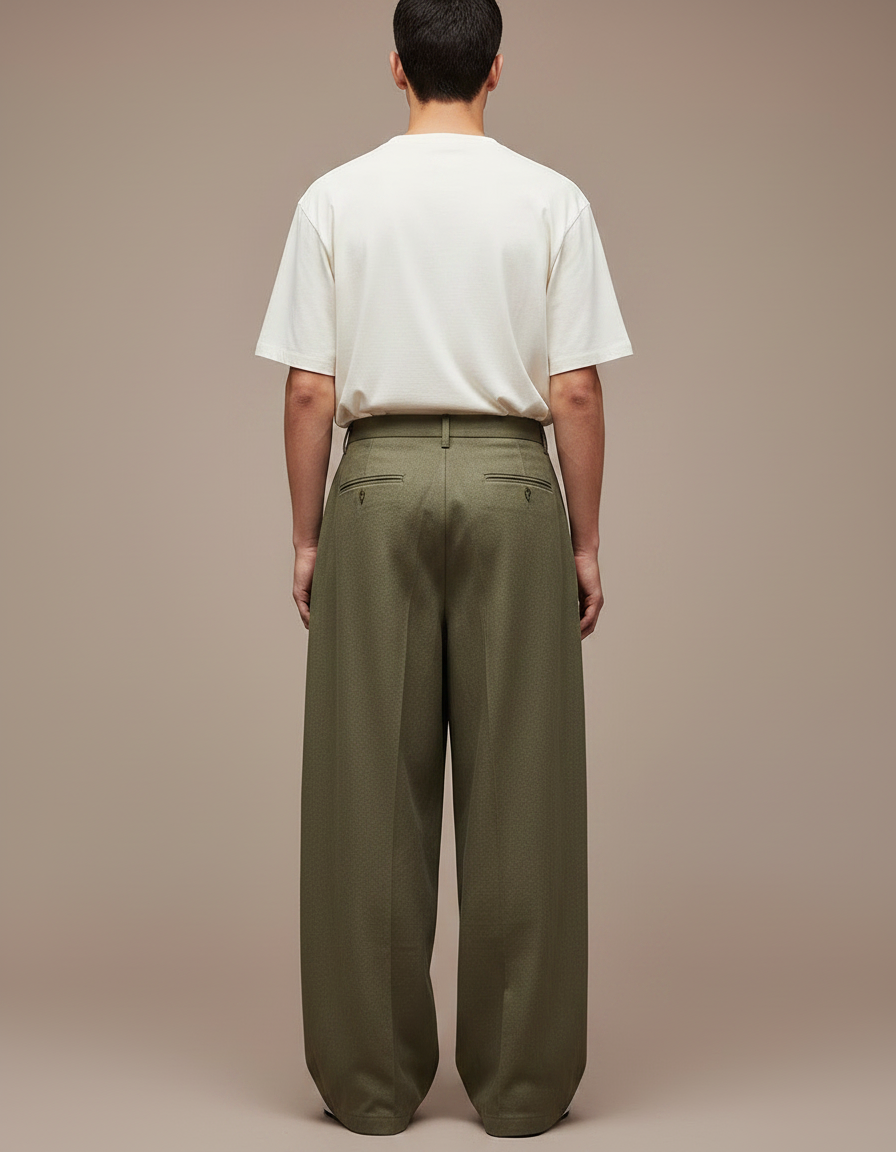 Pantalon Japonais Vert Kaki Ample Plissé Coton Homme - Gabardine - vue 2