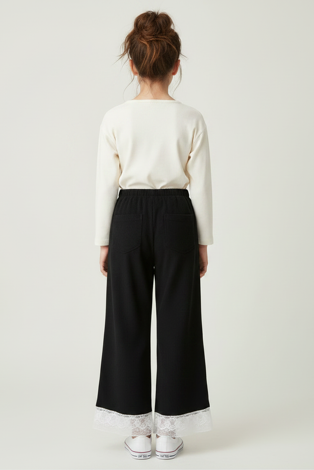 Pantalon Japonais Noir Large Dentelle Nœuds Fille - Cordé - vue 2