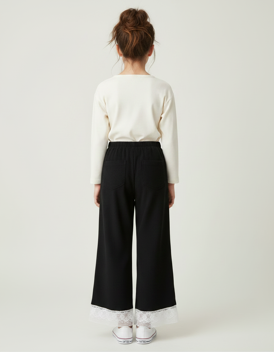 Pantalon Japonais Noir Large Dentelle Nœuds Fille - Cordé - vue 2