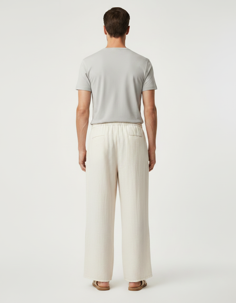 Pantalon Japonais Beige Ample Lin Brodé Ethnique Décontracté - vue 2