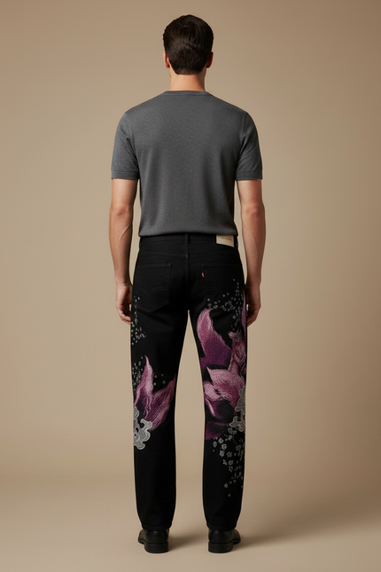 Pantalon Japonais Noir Dragon Brodé Ample Homme - Jean - vue 2