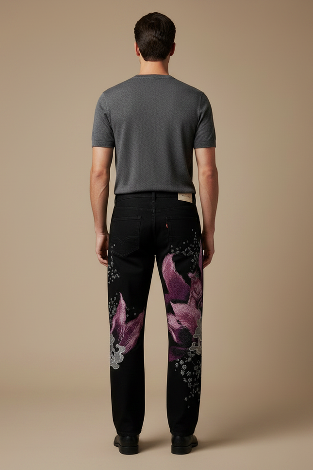 Pantalon Japonais Noir Dragon Brodé Ample Homme - Jean - vue 2