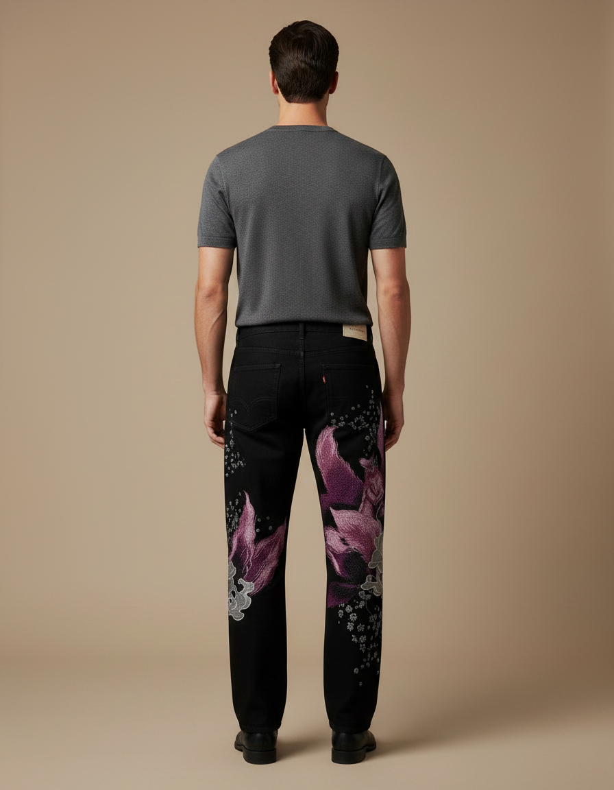 Pantalon Japonais Noir Dragon Brodé Ample Homme - Jean - vue 2