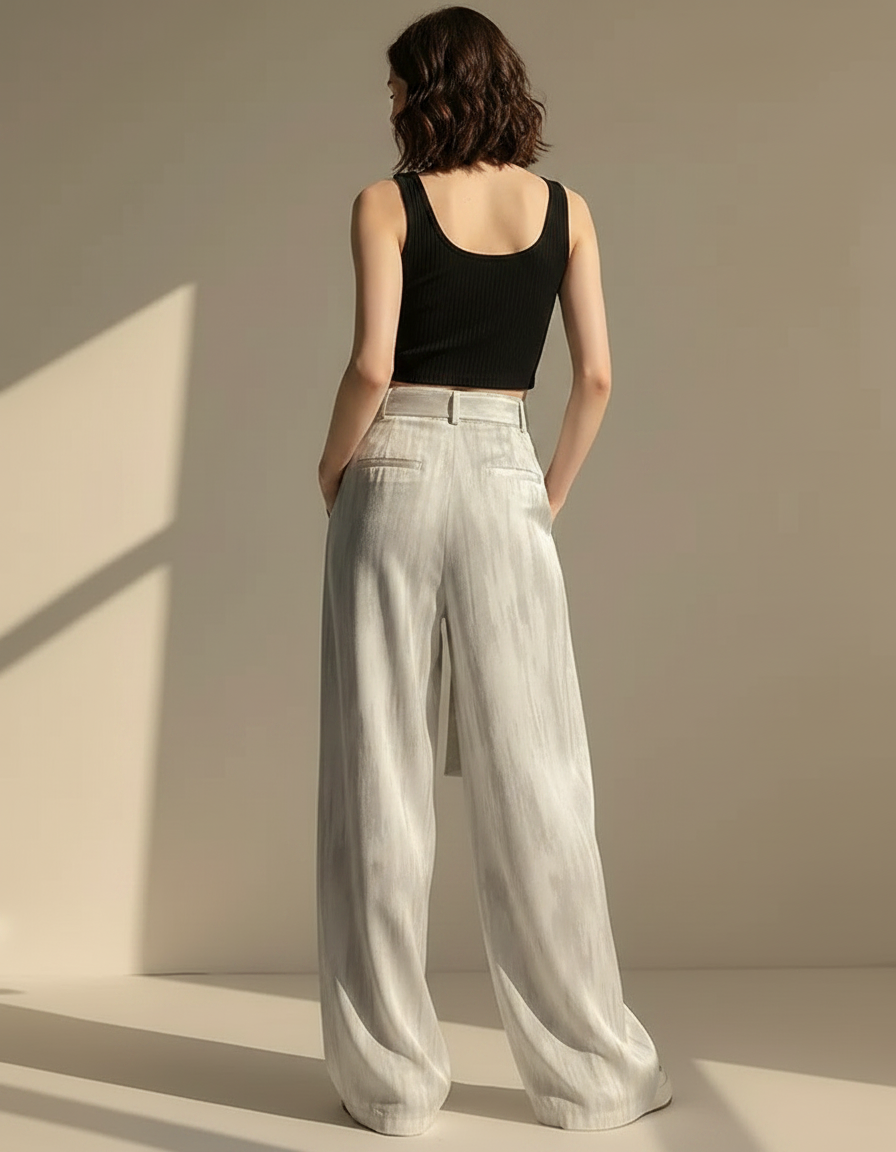 Pantalon Japonais Satiné Ample Fluide Décontracté Gris Clair - vue 2