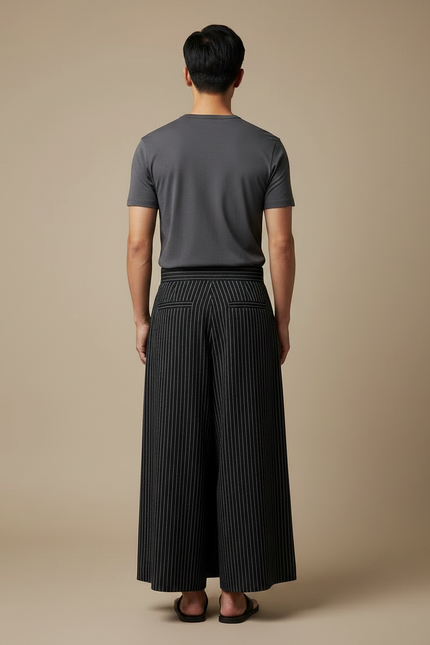 Pantalon Japonais Noir Rayé Plissé Ample Homme - Laine - vue 2