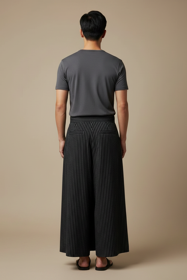 Pantalon Japonais Noir Rayé Plissé Ample Homme - Laine - vue 2