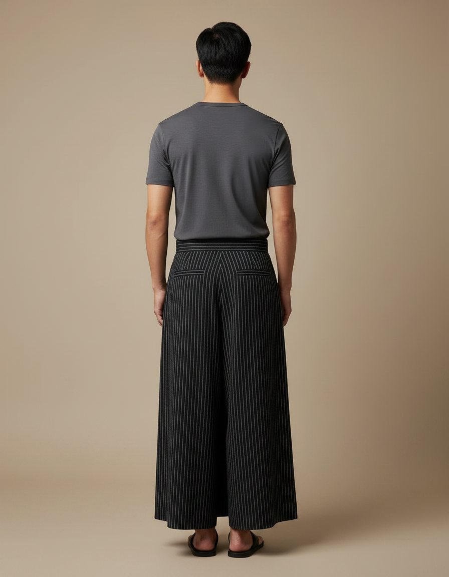 Pantalon Japonais Noir Rayé Plissé Ample Homme - Laine - vue 2