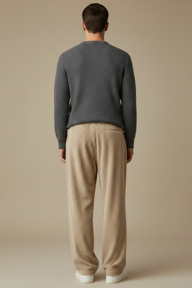 Pantalon Japonais Beige Côtelé Ample Cordon Décontracté - Cordé - vue 2
