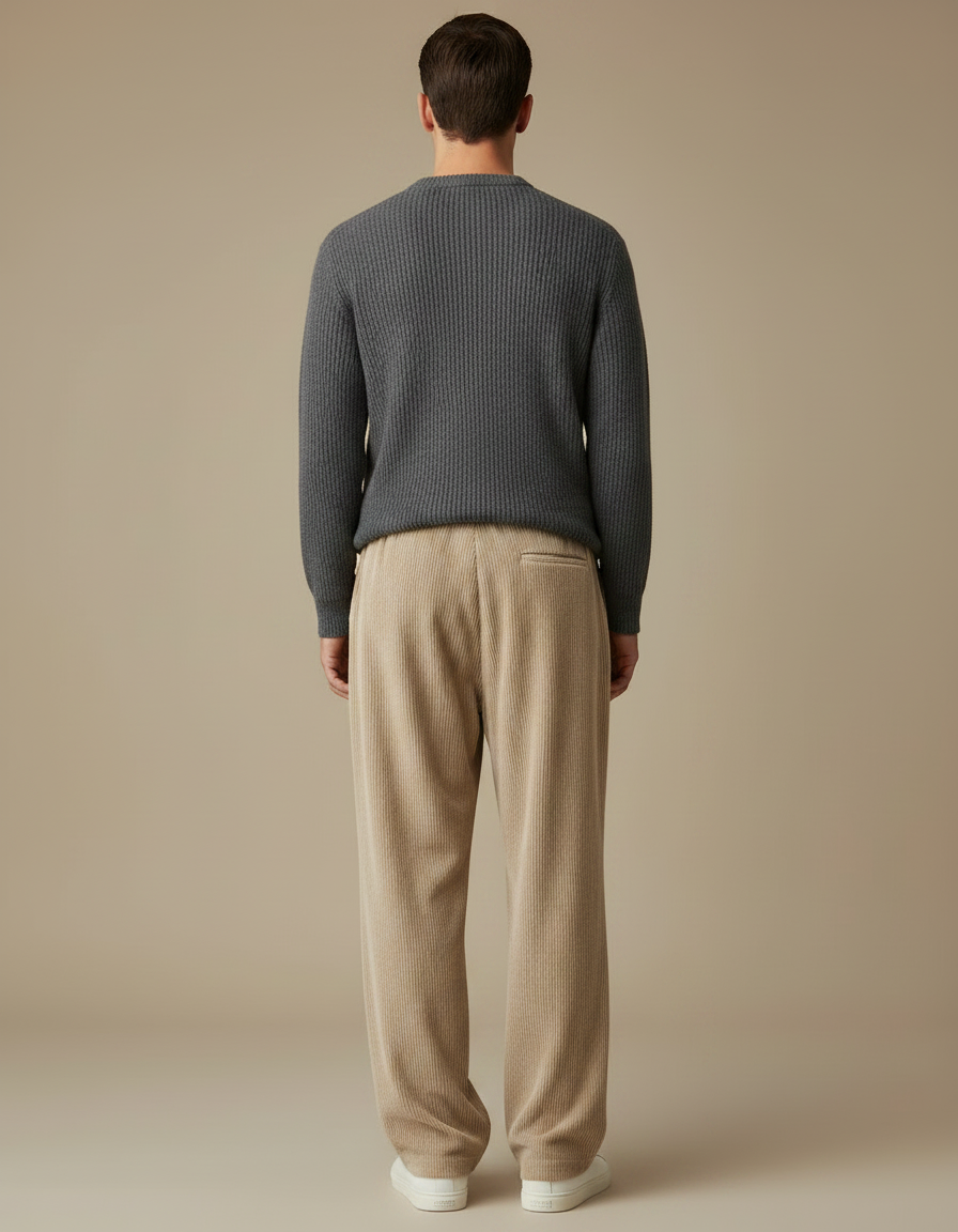 Pantalon Japonais Beige Côtelé Ample Cordon Décontracté - Cordé - vue 2