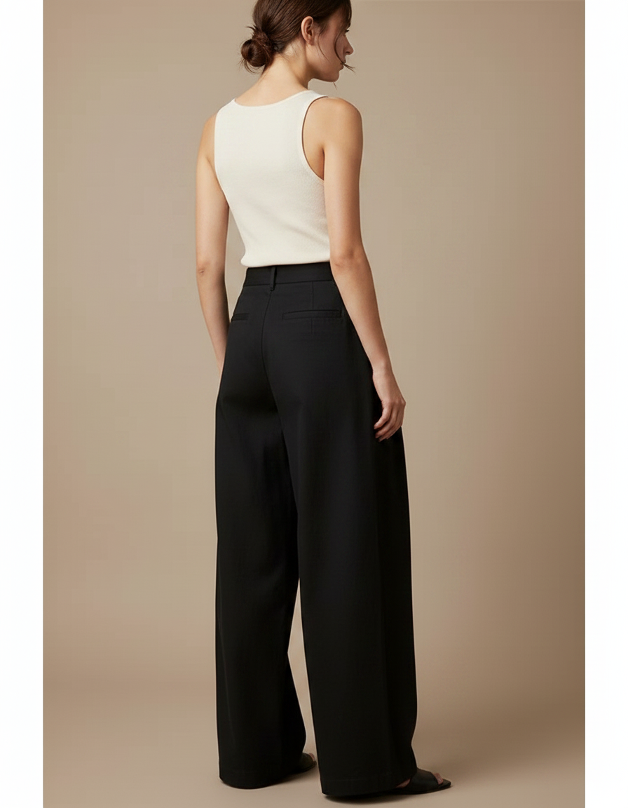 Pantalon Japonais Noir Fluide Ample Plissé Décontracté - Polyester - vue 2