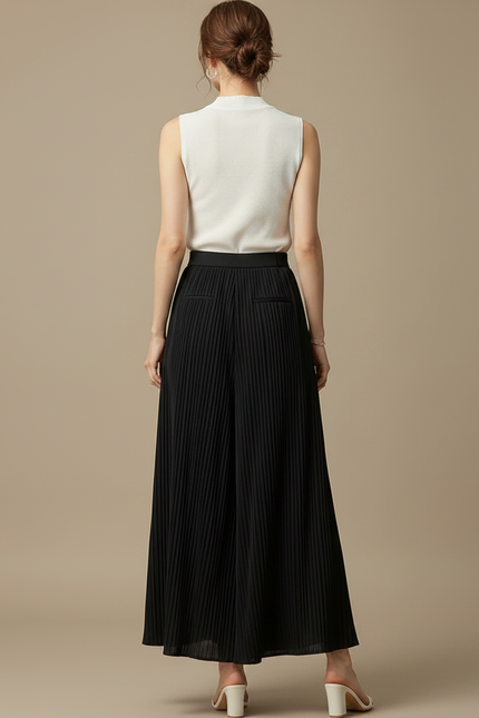 Pantalon Japonais Plissé Noir Ample Fluide Élégant - Polyester - vue 2