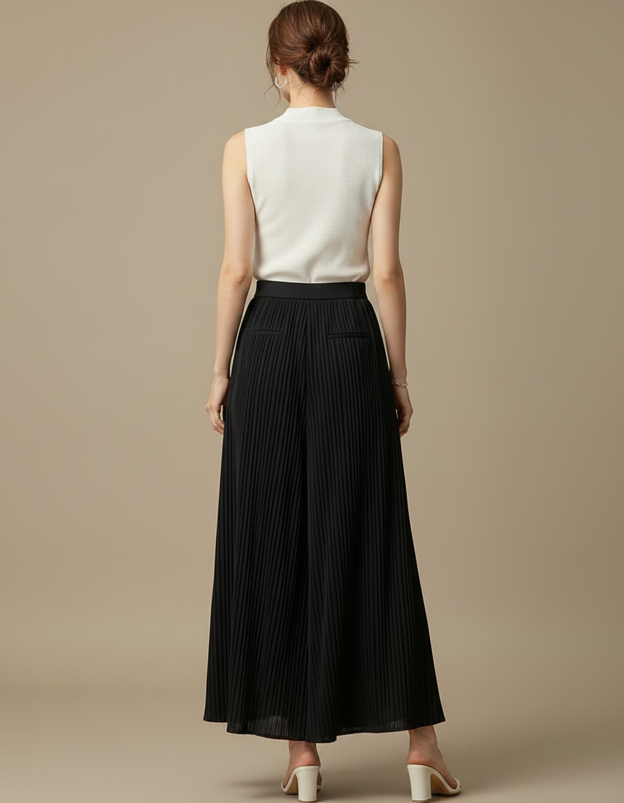 Pantalon Japonais Plissé Noir Ample Fluide Élégant - Polyester - vue 2