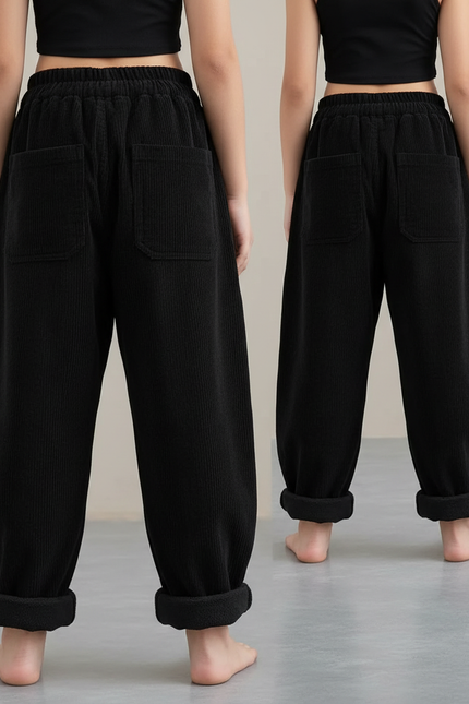 Pantalon Japonais Noir Côtelé Ample Doublé Hiver - Cordé