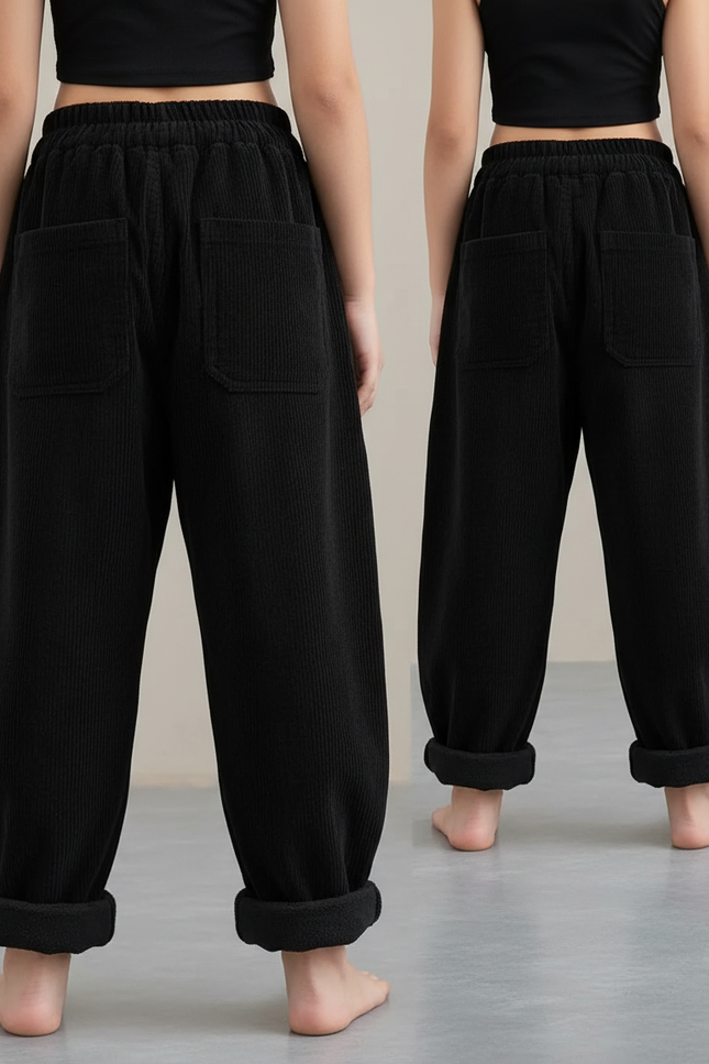 Pantalon Japonais Noir Côtelé Ample Doublé Hiver - Cordé