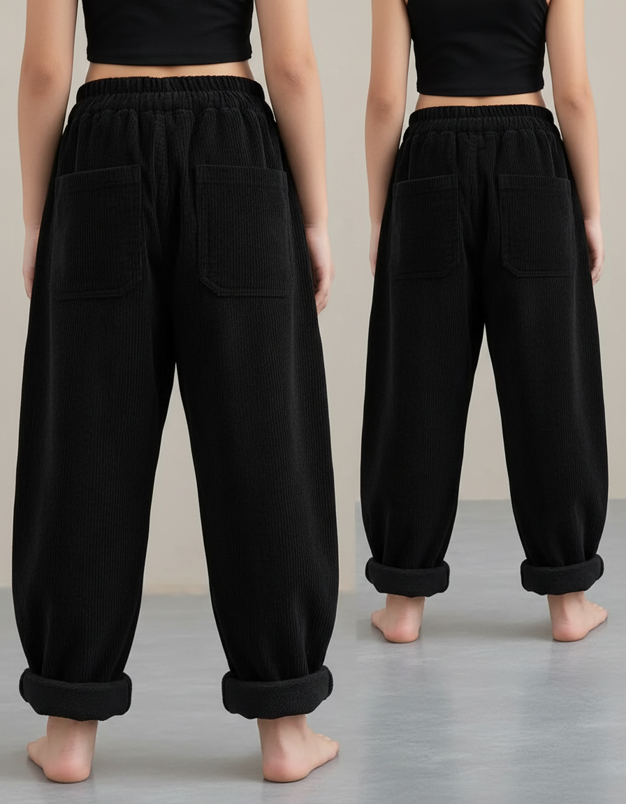 Pantalon Japonais Noir Côtelé Ample Doublé Hiver - Cordé