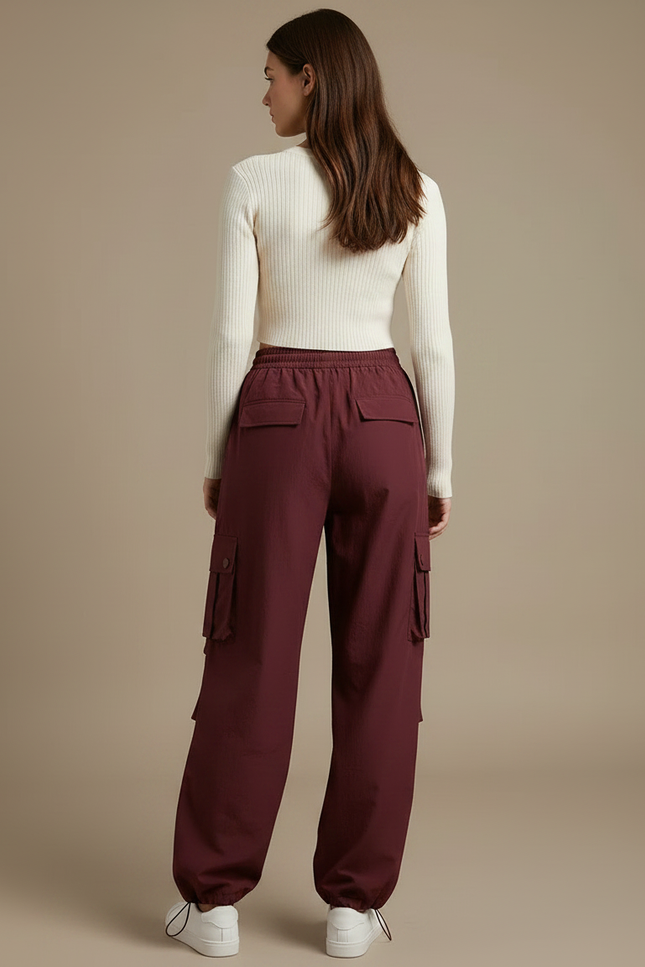 Pantalon Japonais Cargo Bordeaux Ample Décontracté Femme - Polyester - vue 2