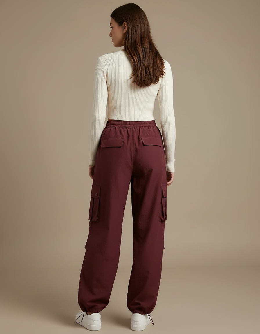 Pantalon Japonais Cargo Bordeaux Ample Décontracté Femme - Polyester - vue 2