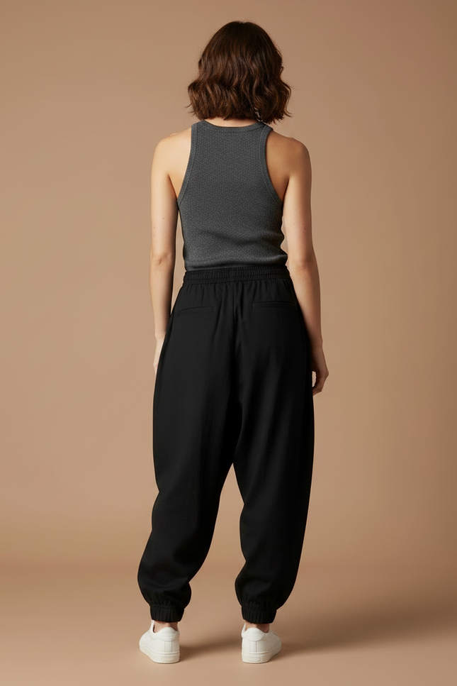 Pantalon Japonais Noir Ample Fluide Élastiqué Femme - Viscose - vue 2