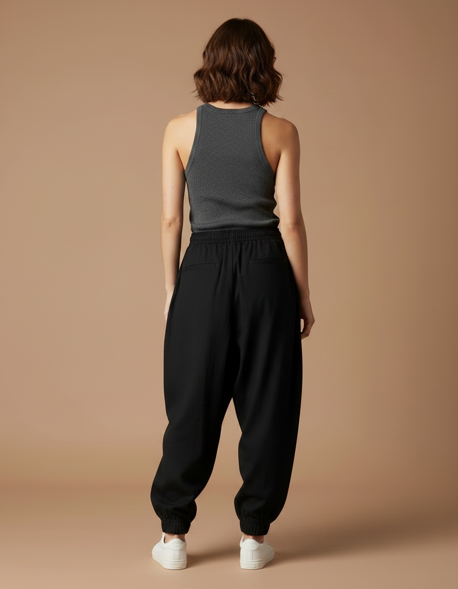 Pantalon Japonais Noir Ample Fluide Élastiqué Femme - Viscose - vue 2