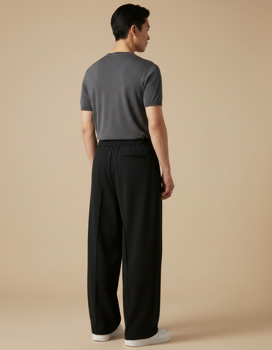 Pantalon Japonais Noir Fluide Ample Cordon Décontracté - Polyester - vue 2