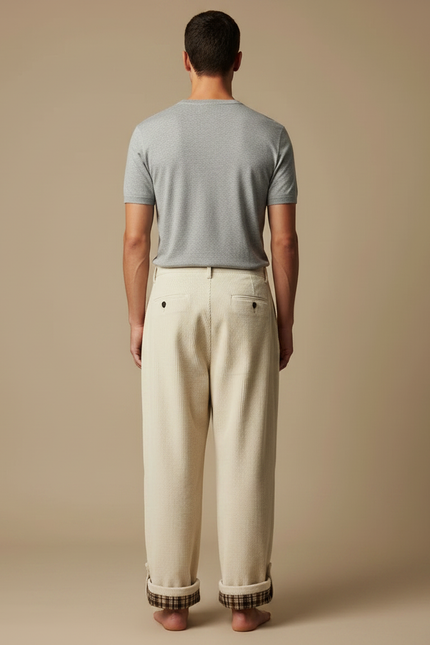 Pantalon Japonais Côtelé Crème Ample Plissé Plaid - Beige Cordé - vue 2