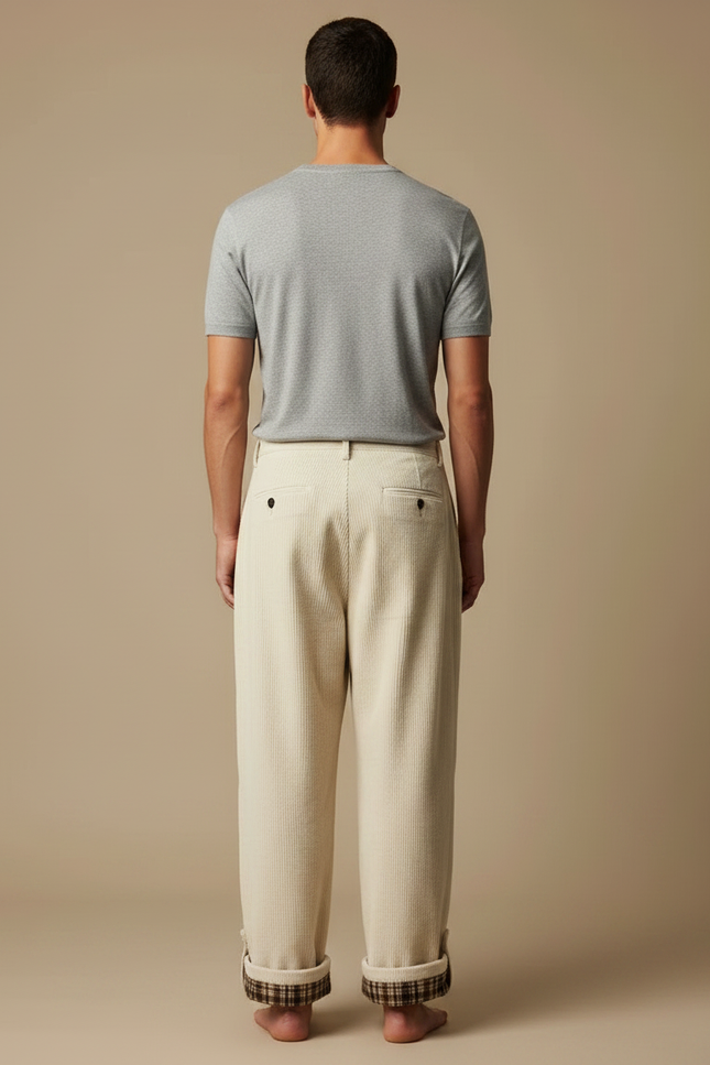 Pantalon Japonais Côtelé Crème Ample Plissé Plaid - Beige Cordé - vue 2