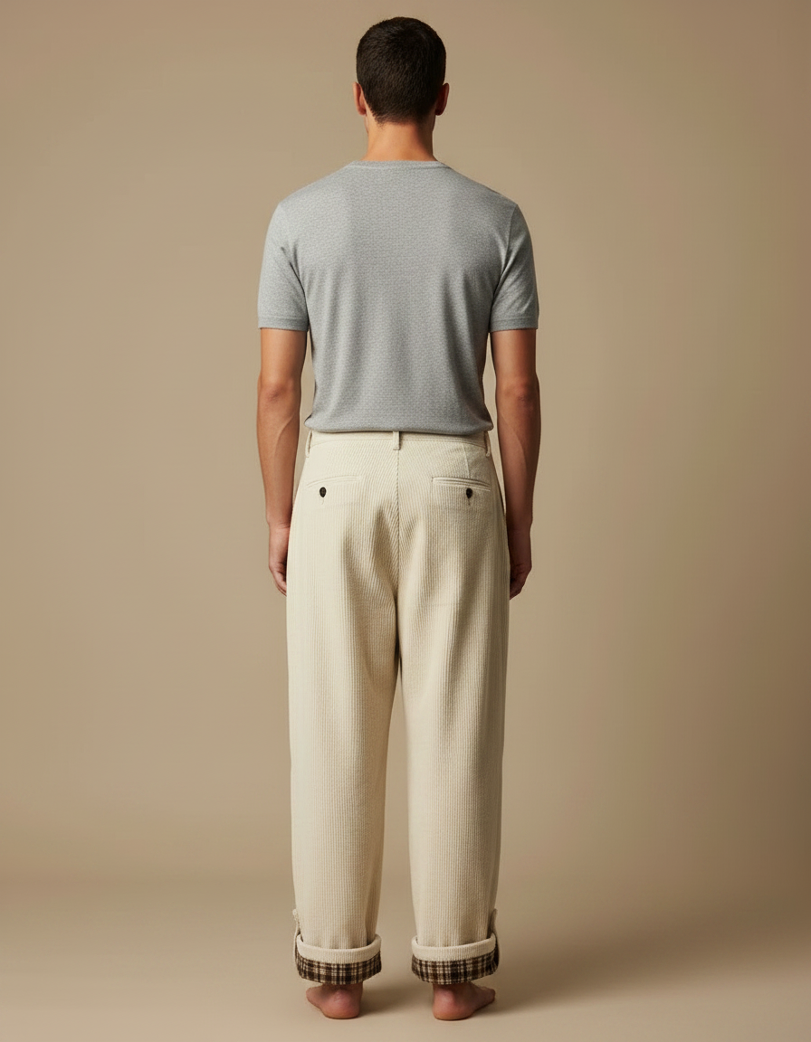 Pantalon Japonais Côtelé Crème Ample Plissé Plaid - Beige Cordé - vue 2