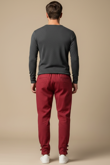 Pantalon Japonais Rouge Lin Ample Décontracté Boutons - vue 2