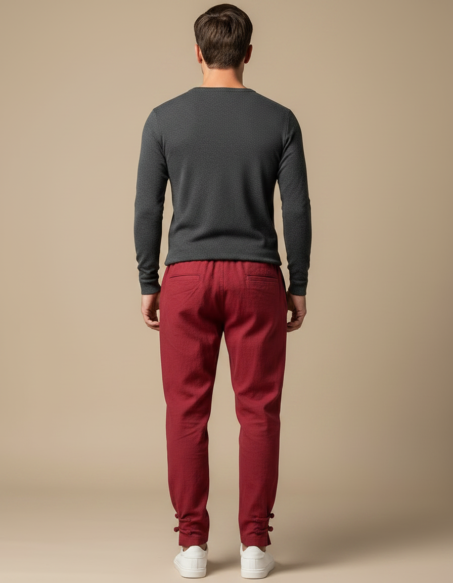 Pantalon Japonais Rouge Lin Ample Décontracté Boutons - vue 2