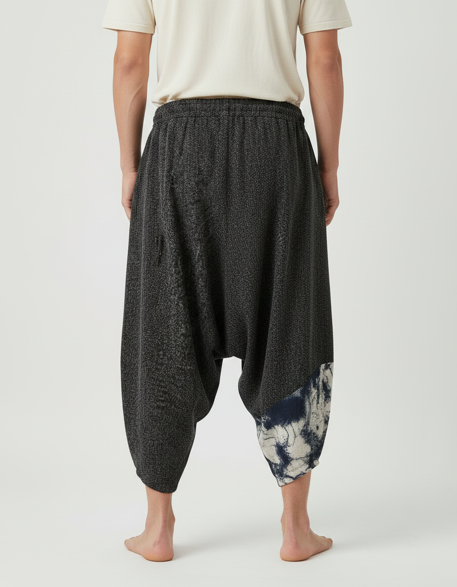Pantalon Japonais Gris Ample Lin Imprimé Décontracté - vue 2