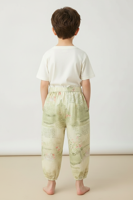 Pantalon Japonais Vert Ample Motif Paysage Floral Enfant - Viscose - vue 2