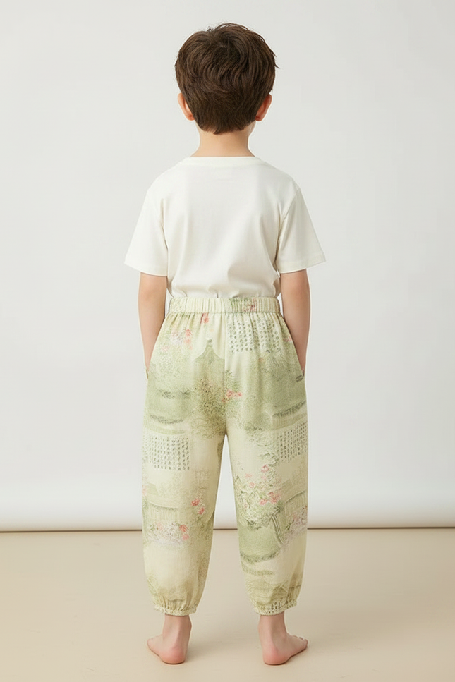 Pantalon Japonais Vert Ample Motif Paysage Floral Enfant - Viscose - vue 2