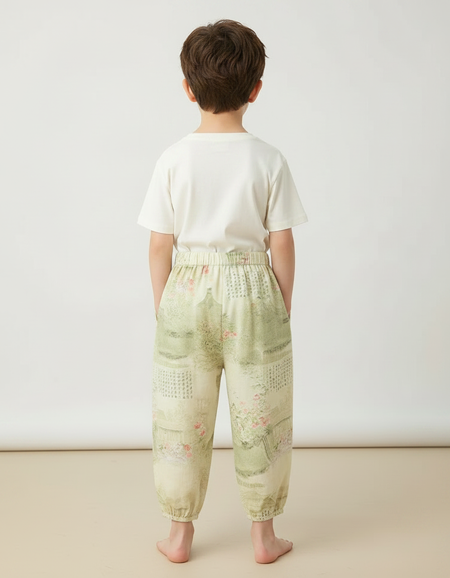 Pantalon Japonais Vert Ample Motif Paysage Floral Enfant - Viscose - vue 2