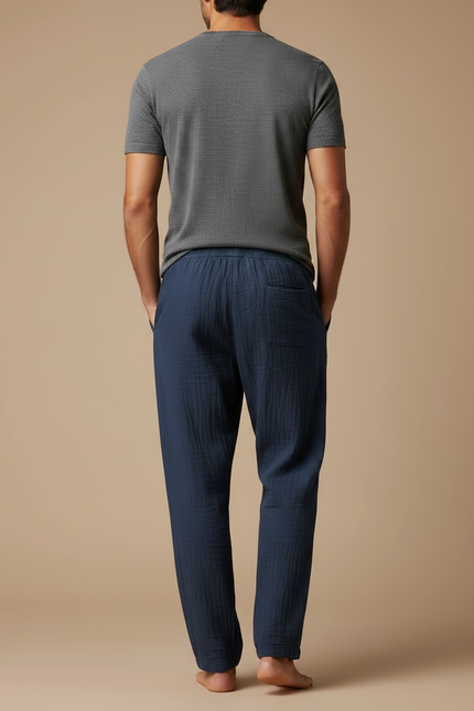 Pantalon Japonais Bleu Marine Lin Ample Confortable Cordon - vue 2