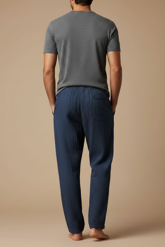 Pantalon Japonais Bleu Marine Lin Ample Confortable Cordon - vue 2