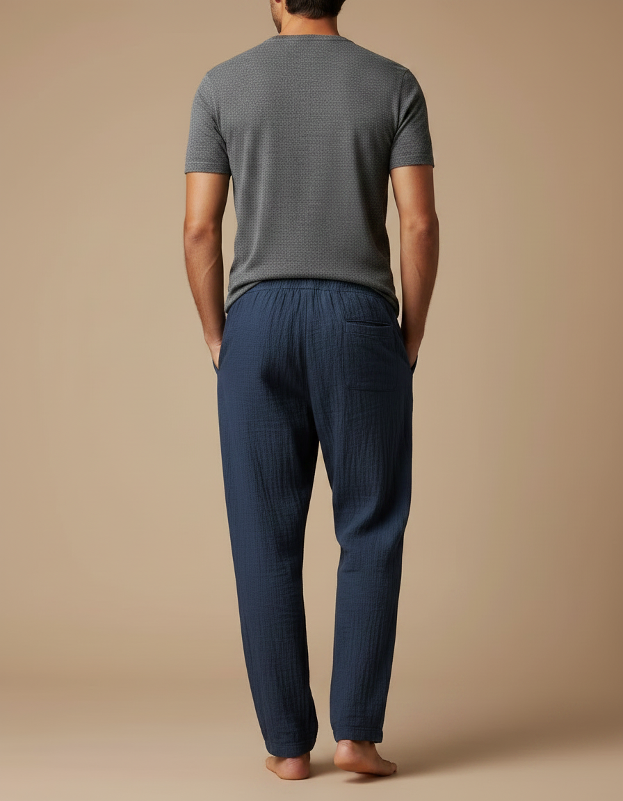 Pantalon Japonais Bleu Marine Lin Ample Confortable Cordon - vue 2