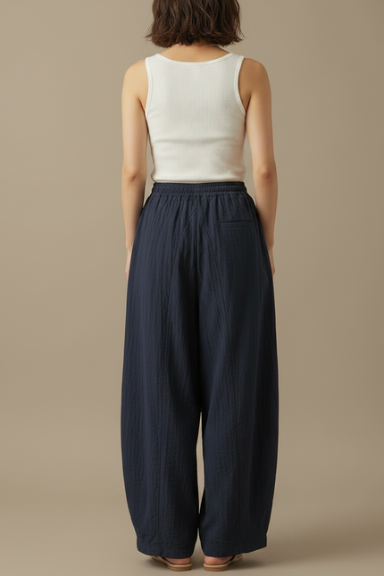 Pantalon Japonais Large Fluide Cordon Marine Femme - Lin - vue 2
