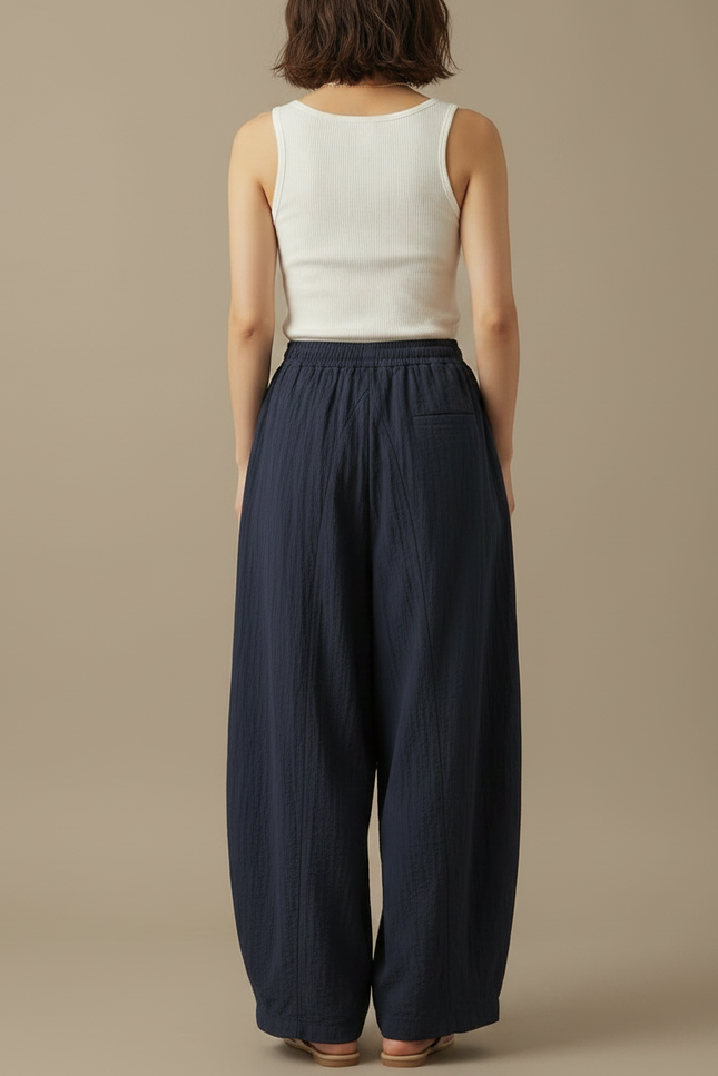 Pantalon Japonais Large Fluide Cordon Marine Femme - Lin - vue 2