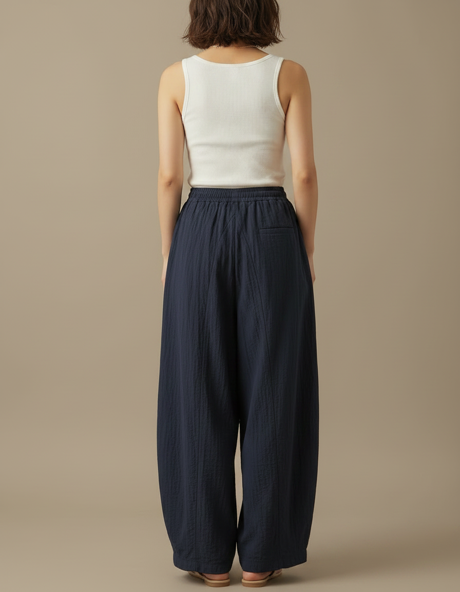 Pantalon Japonais Large Fluide Cordon Marine Femme - Lin - vue 2
