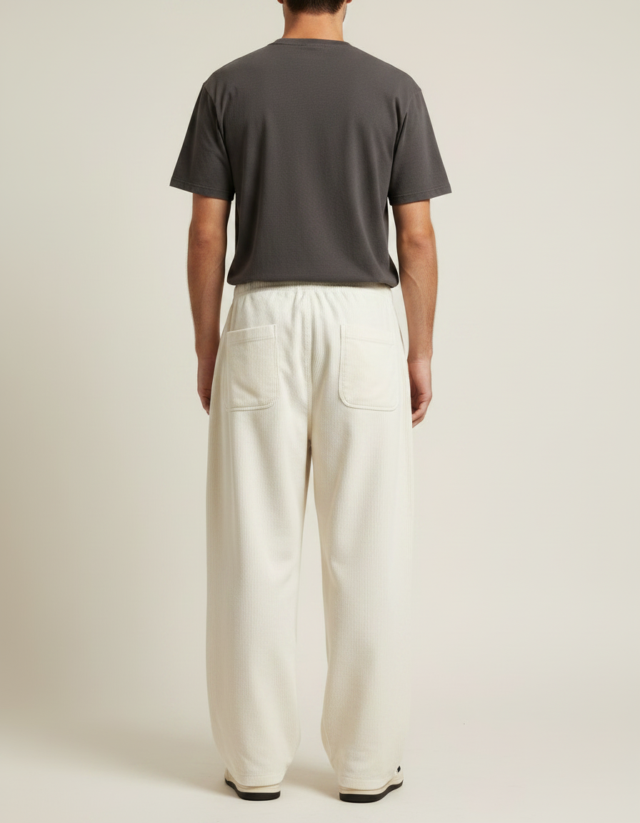 Pantalon Japonais Crème Velours Côtelé Ample Élastique Décontracté - Beige Cordé - vue 2