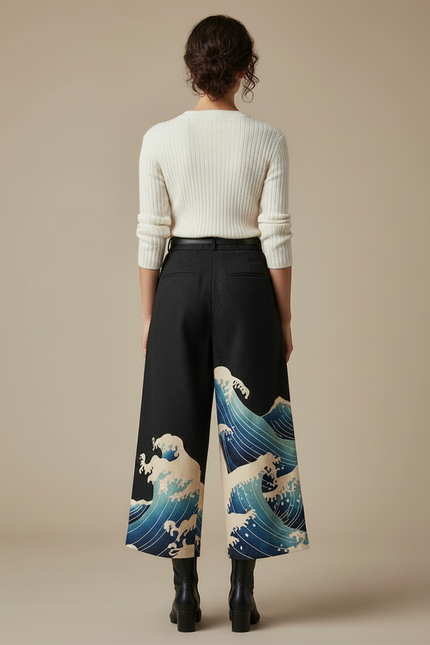 Pantalon Japonais Noir Ample Vagues Imprimées Fluide - Laine - vue 2