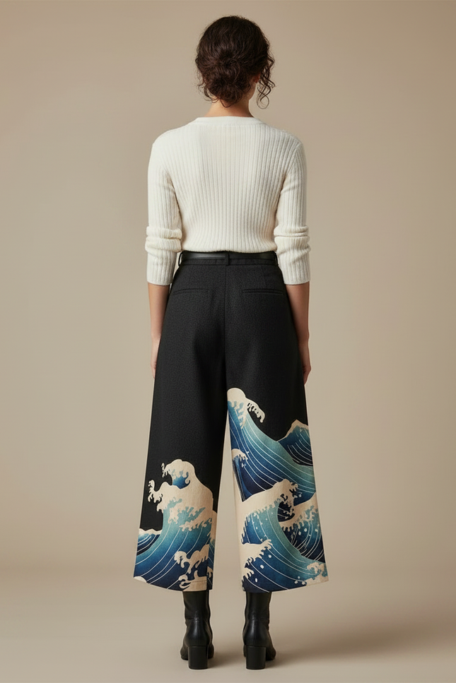 Pantalon Japonais Noir Ample Vagues Imprimées Fluide - Laine - vue 2