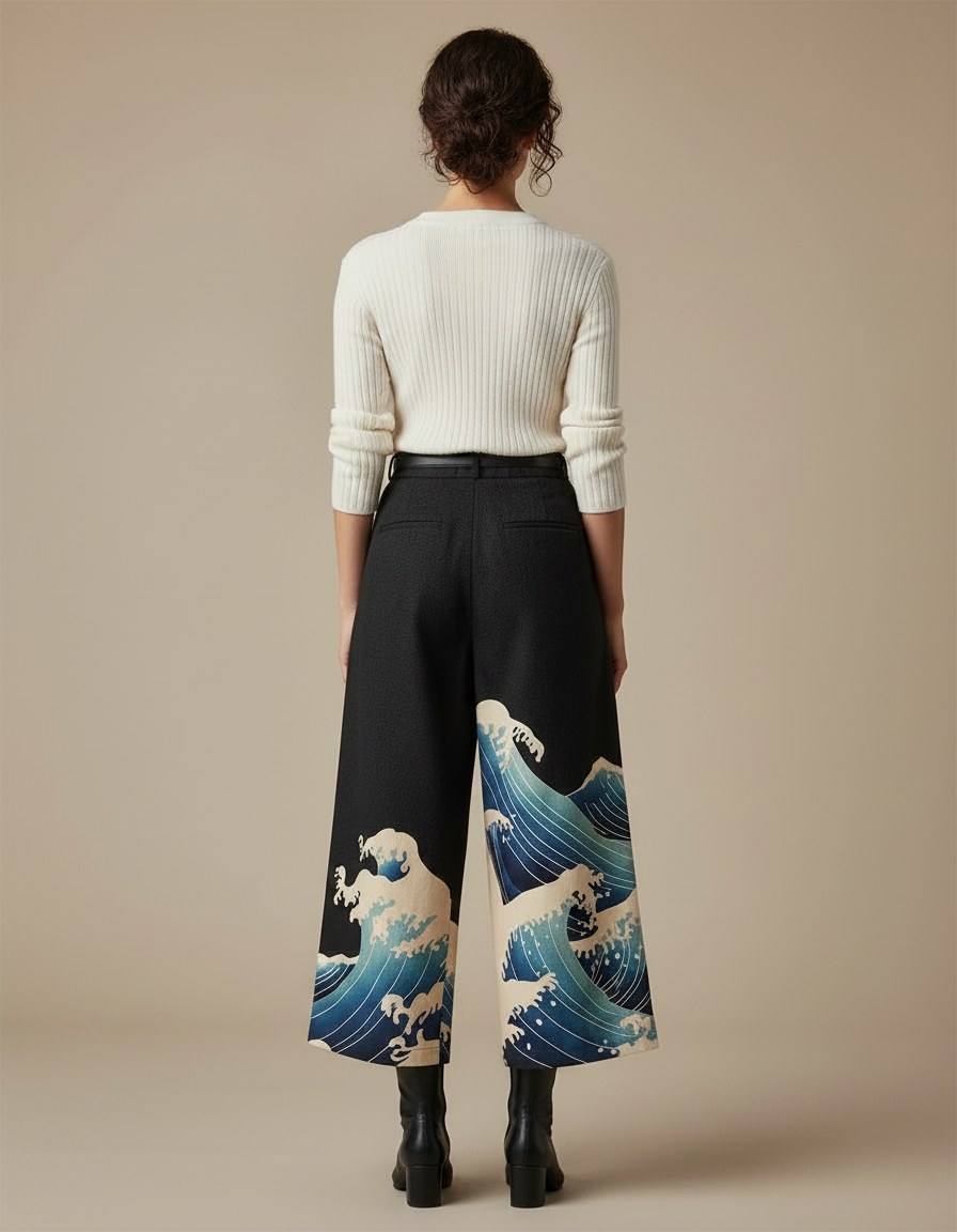 Pantalon Japonais Noir Ample Vagues Imprimées Fluide - Laine - vue 2
